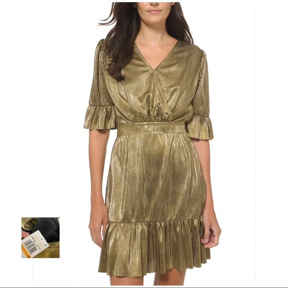 MICHAEL KORS NWT Black Gold Metallic Flounce Trim Dress - Picture 1 of 14